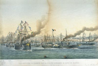 De Aankomst van Napoleon III (1808-73) in Algerije met een escorte van oorlogsschepen, 1 mei 1865 door Louis Le Breton